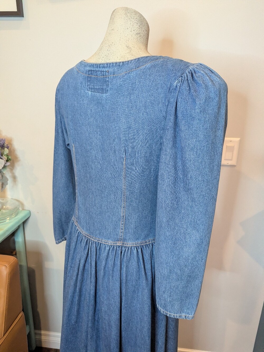 Vintage prairIe Blue Denim Chambray Modest Cottagecore Dress w/Lace Collar Sz L - Picture 2 of 13